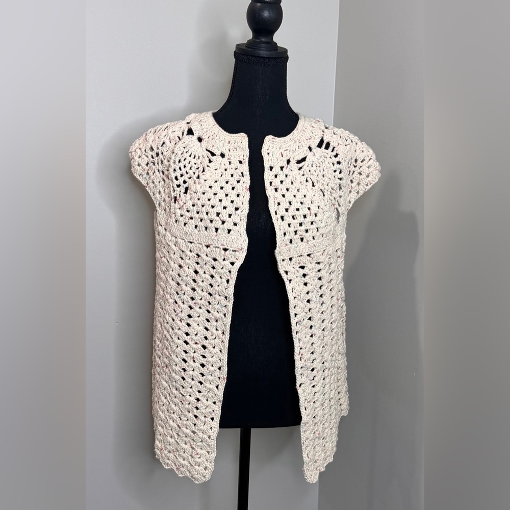 Handmade Crochet Women's  open front Sweater Vest Oatmeal Hue Medium Cottagecore